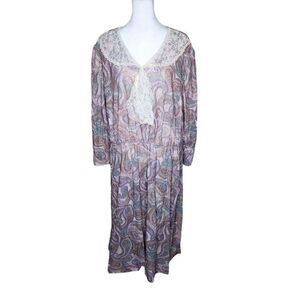Vintage 80s Long Sleeve Blouson Dress Lace Collar Womens Size 2XL Purple Paisley